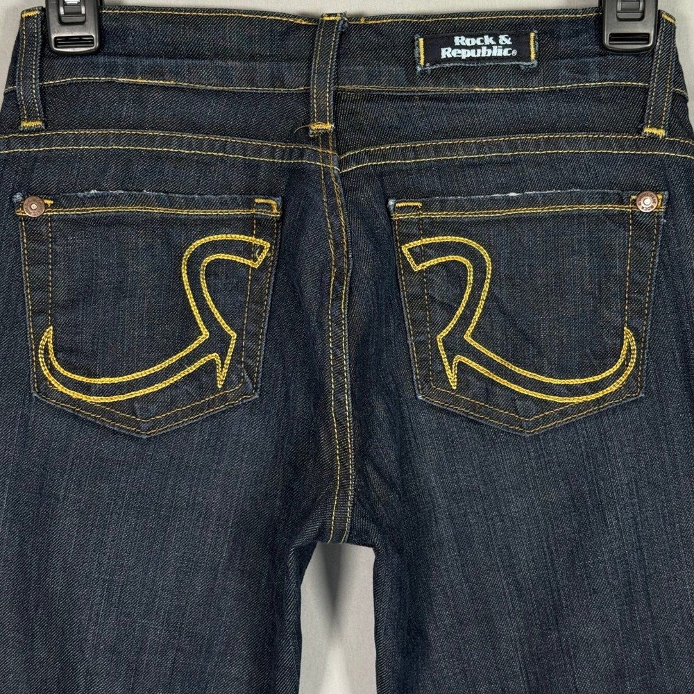 Rock & Republic Costello Dark Wash Straight Leg Jeans Yellow Stitch‎ Womens 26